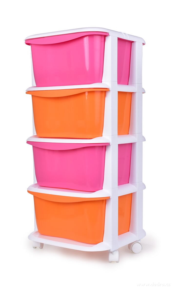 QUATRO REGAL Gurulós műanyag tároló 4 fiókos - rózsaszín/narancssárga