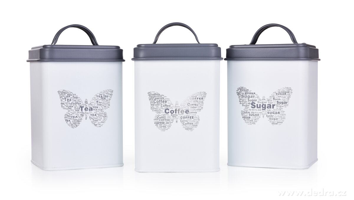 Konyhai tároló fém doboz 3 részes szett - kávé/cukor/tea - Pillangós szürke